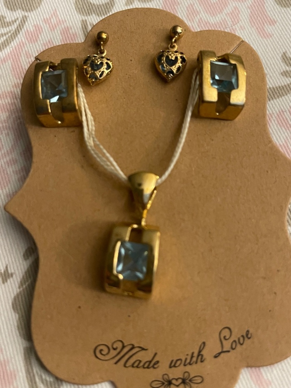 Gold-Tone Blue Crystal Pendant Necklace & Earring Set